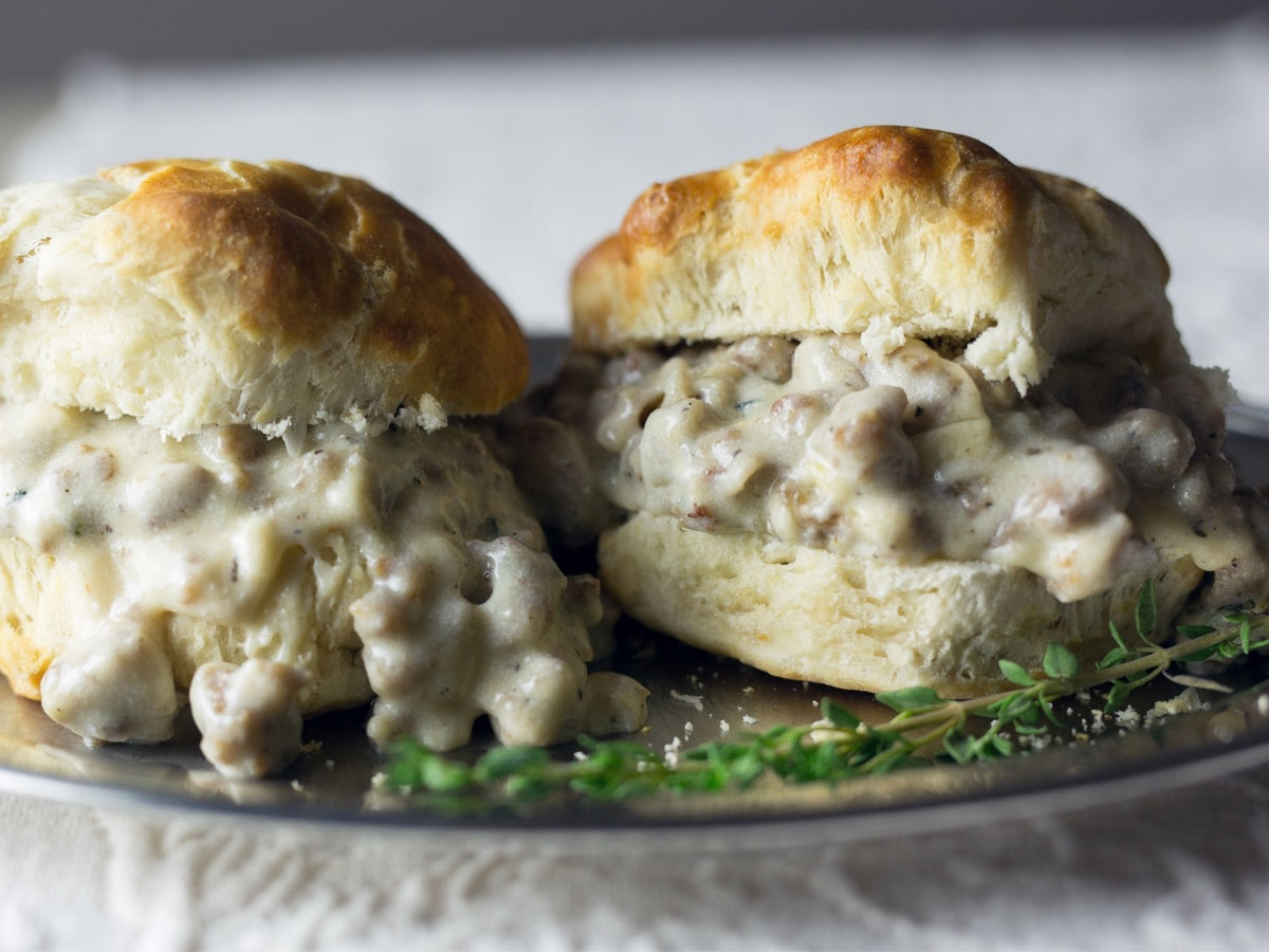 Biscuits &amp; Gravy With Green Chile Heritage Pork Sausage