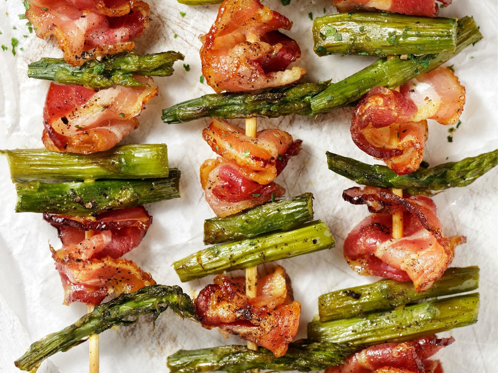 Duck Bacon & Sea Scallop Skewers with Grilled Vegetables