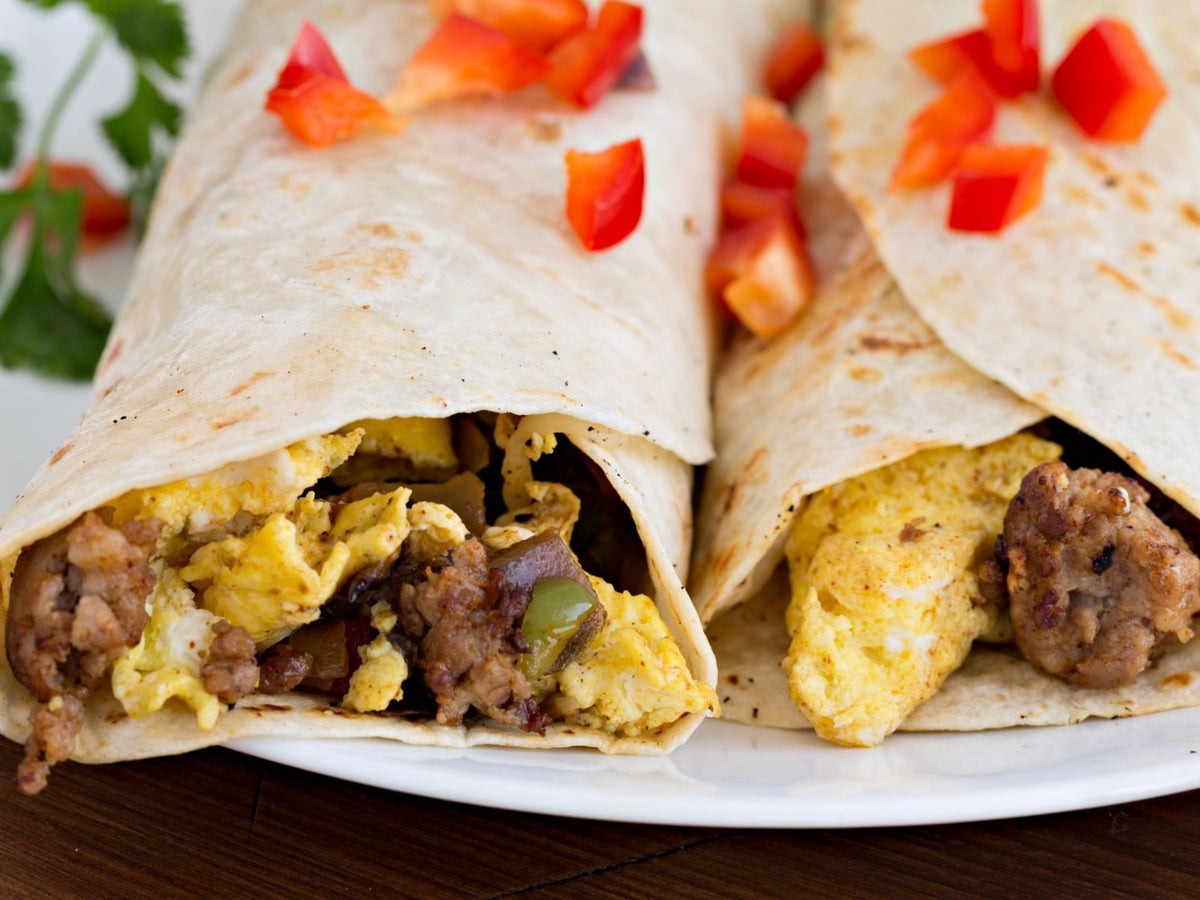 New Mexican Green Chile & Wild Boar Bacon Breakfast Burritos