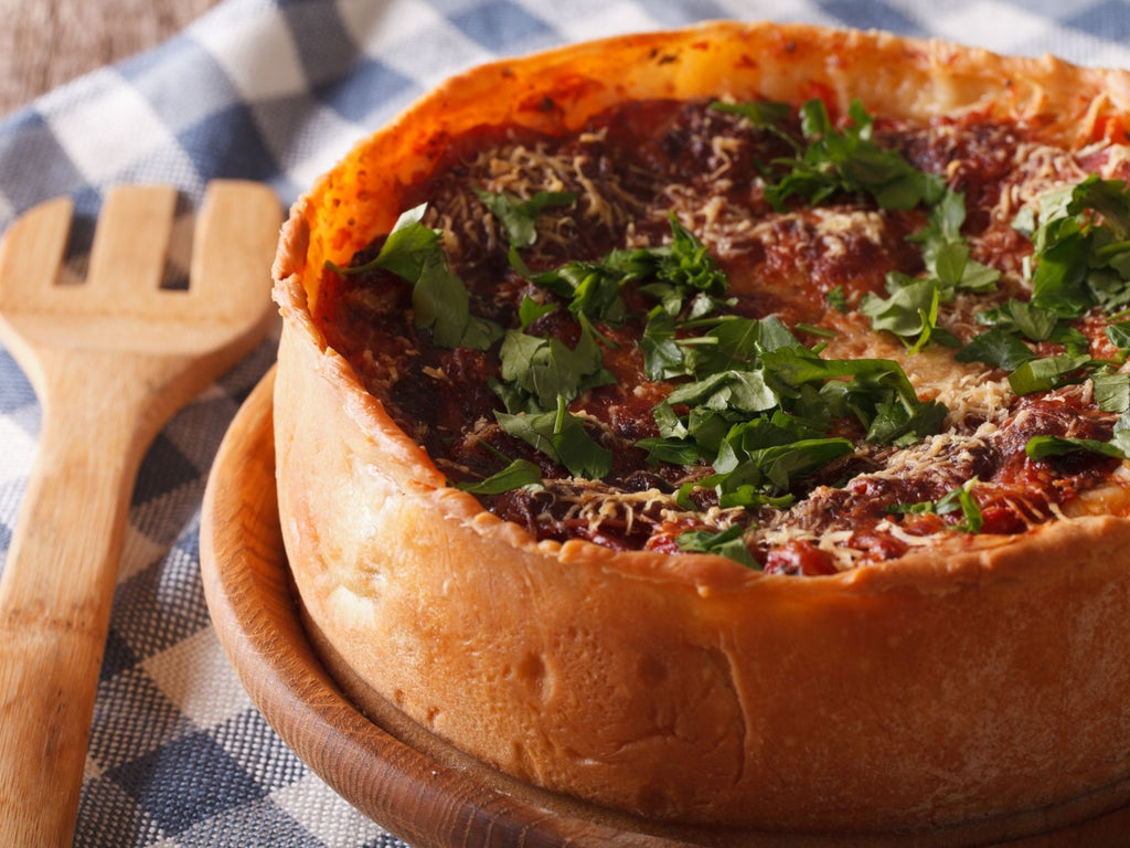 Chicago Style Pizza With Bison, Duck Bacon & Mushrooms