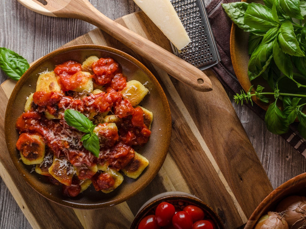 Gnocchi With Ground Bison, Creamy Tomato Sauce & Pesto