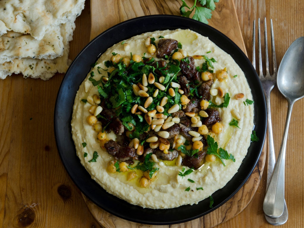 Hummus, Spiced Lamb & Eggplant Bowls With Fresh Herbs