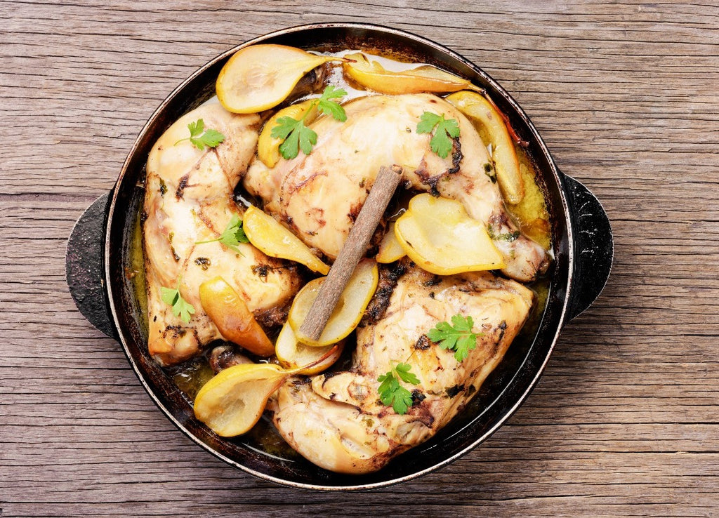 Maple Pear Baked Chicken Thighs With Ginger & Thyme