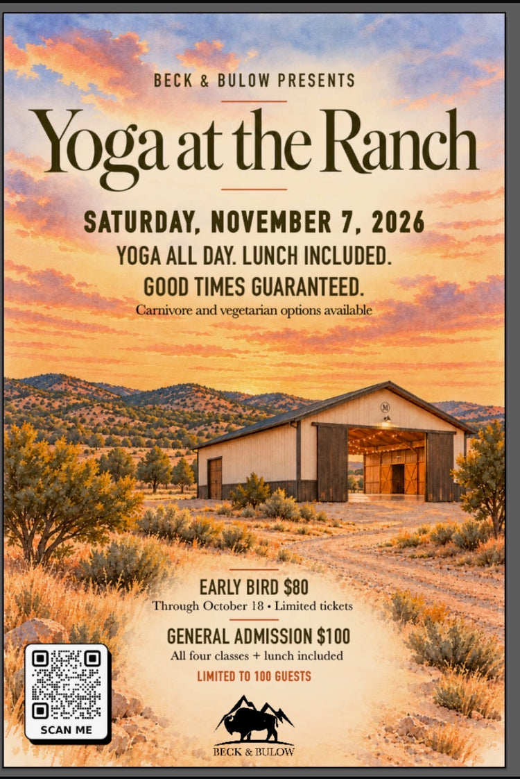Yoga at the Ranch event flyer. November 7, 2026. Early bird $80 through October 18; general admission $100.