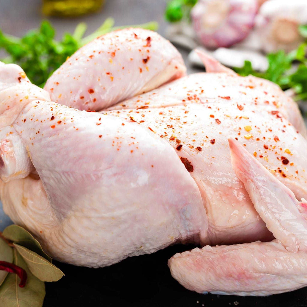 Raw chicken. Fresh whole chicken with ingredients for cooking